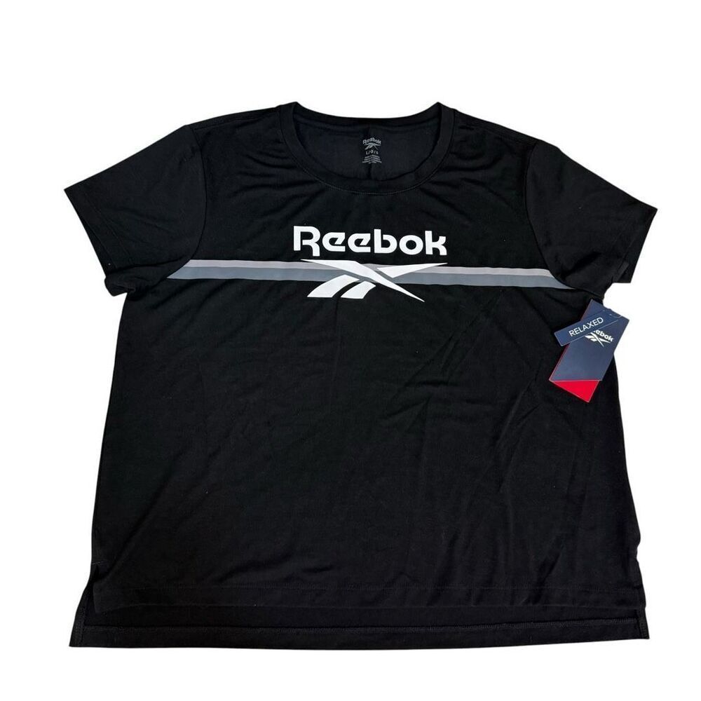 Reebok double stacked line panel glow crop tee black size L NWT